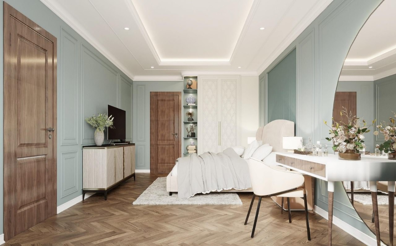 Phòng ngủ đẹp cho nữ sử dụng các gam màu như màu gỗ – trắng – xanh ngọc