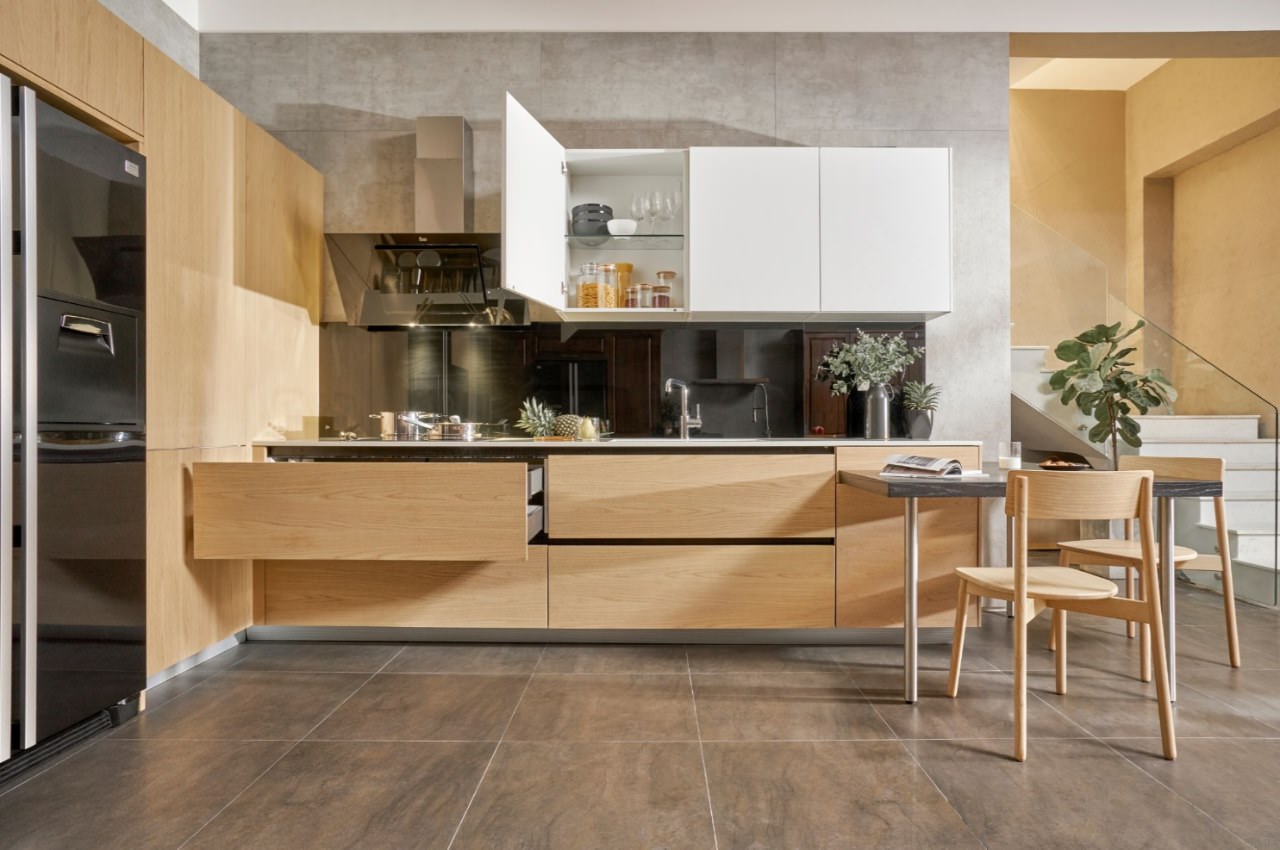 Tủ bếp với chất liệu gỗ ghép đẹp hiện đại