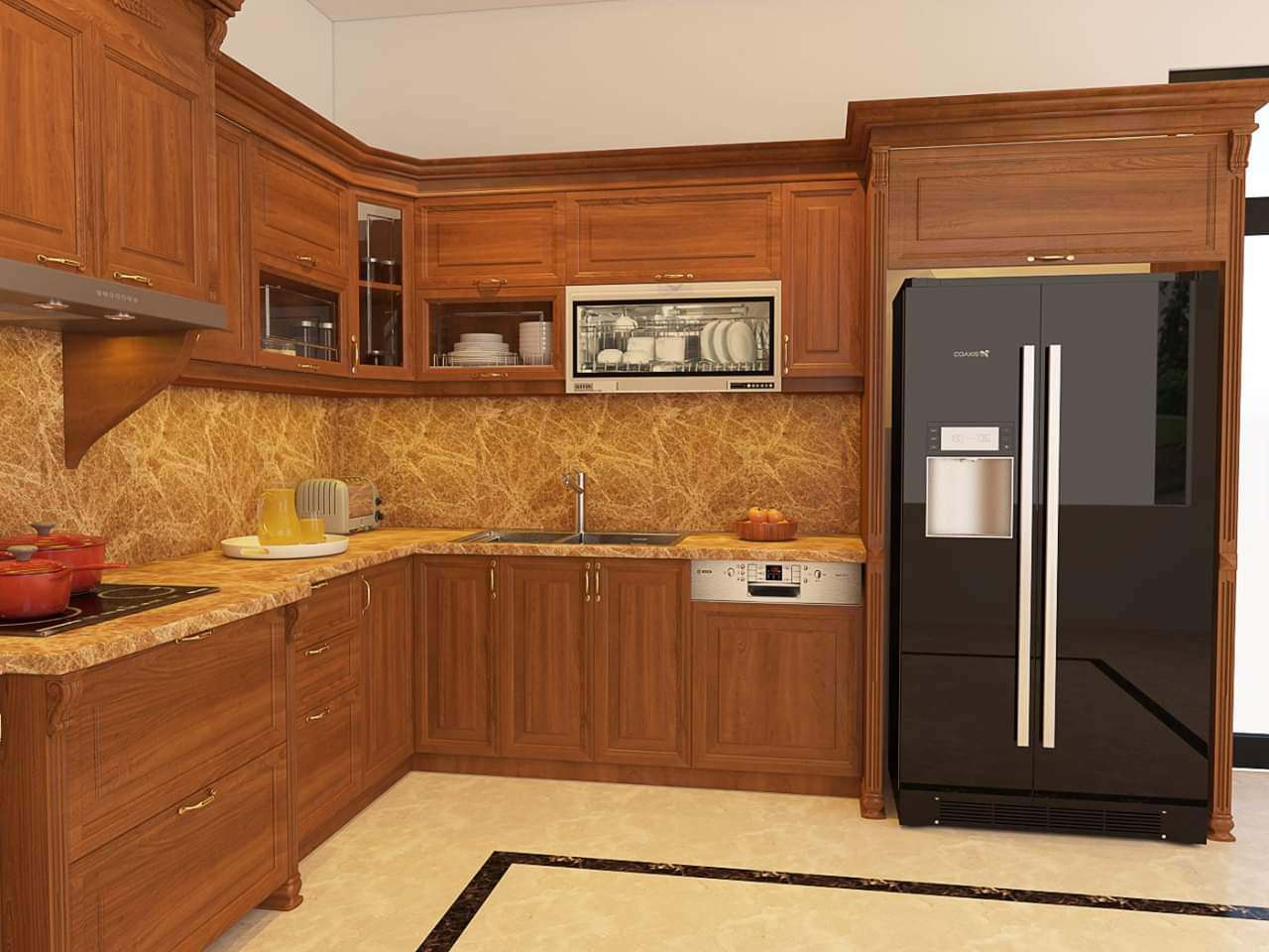 Tủ bếp gỗ gõ đỏ tối màu làm tăng độ ấm cúng cho gian bếp chung