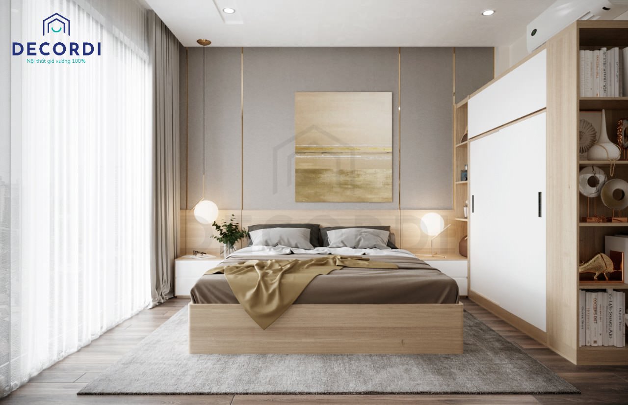 Phòng ngủ tông màu trắng phối màu nâu sáng từ chất liệu gỗ mang đến sự nhẹ nhàng, ấm cúng cho 2 vợ chồng