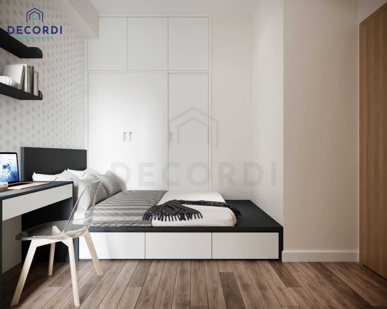 Phòng ngủ căn hộ chung cư với đồ nội thất đơn giản