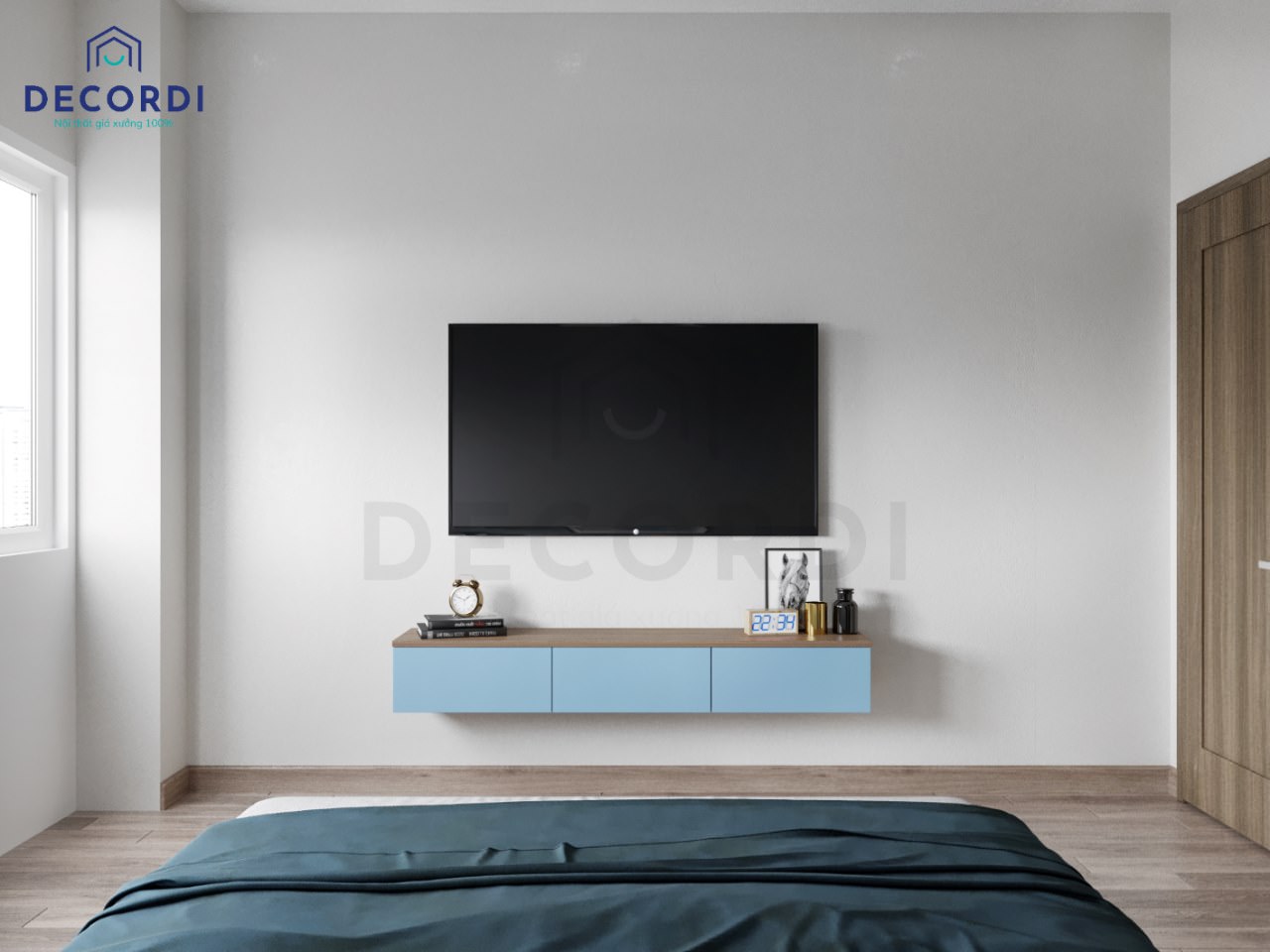 Chọn kệ tivi có kích thước hợp lí giúp tăng tính thẩm mỹ cho phòng ngủ