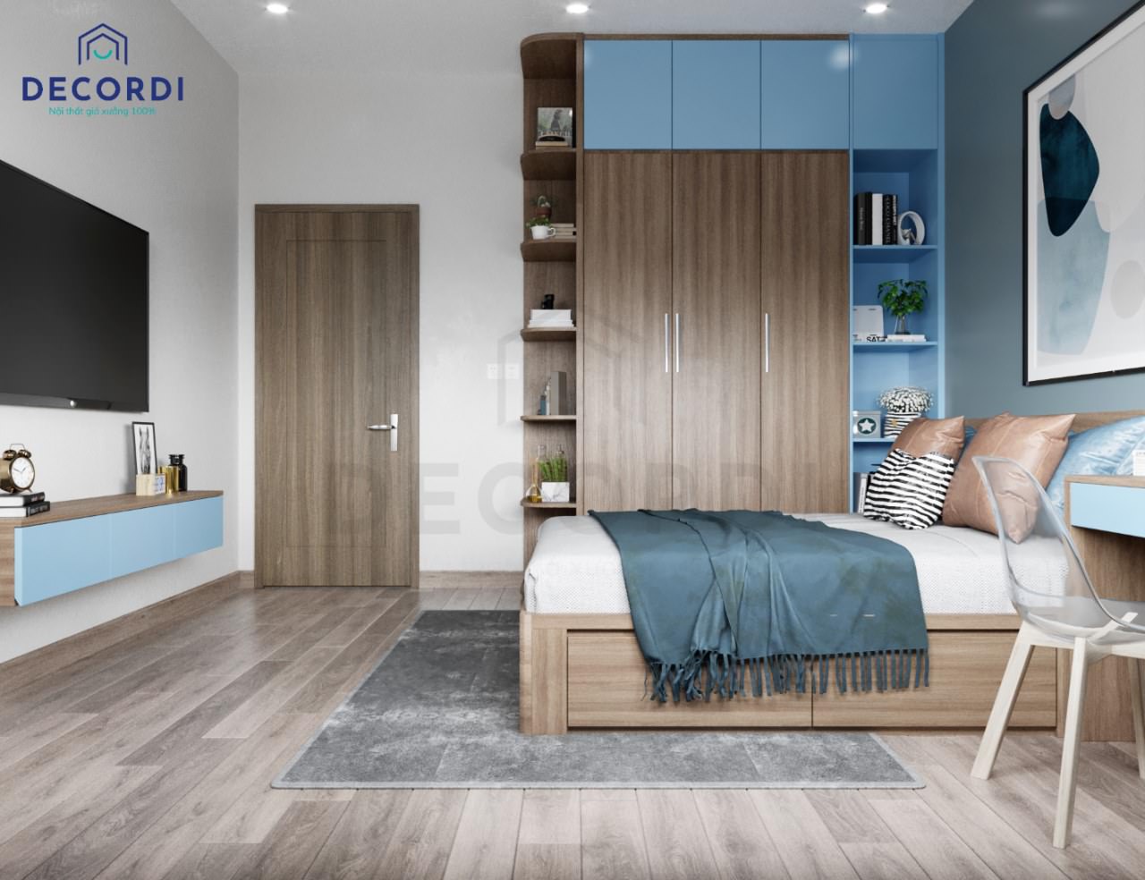 Giường ngủ gỗ MDF màu giả gỗ sồi đơn giản nhưng sang trọng