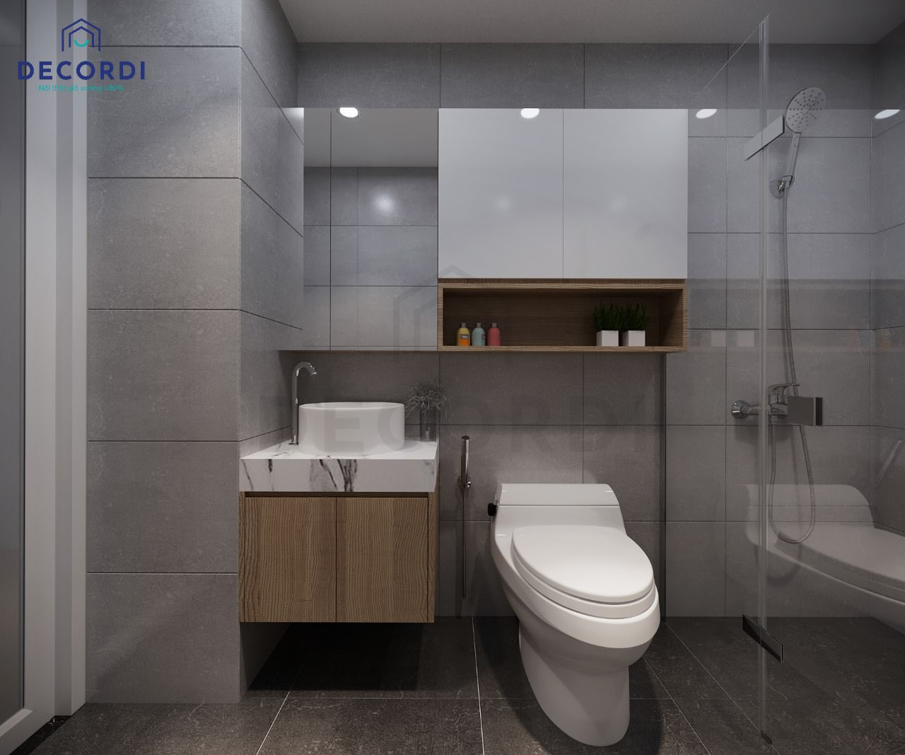 Thiết kế nhà vệ sinh hiện đại với tông màu xám đen sang trọng kết hợp tủ lavabo gỗ đẹp mắt