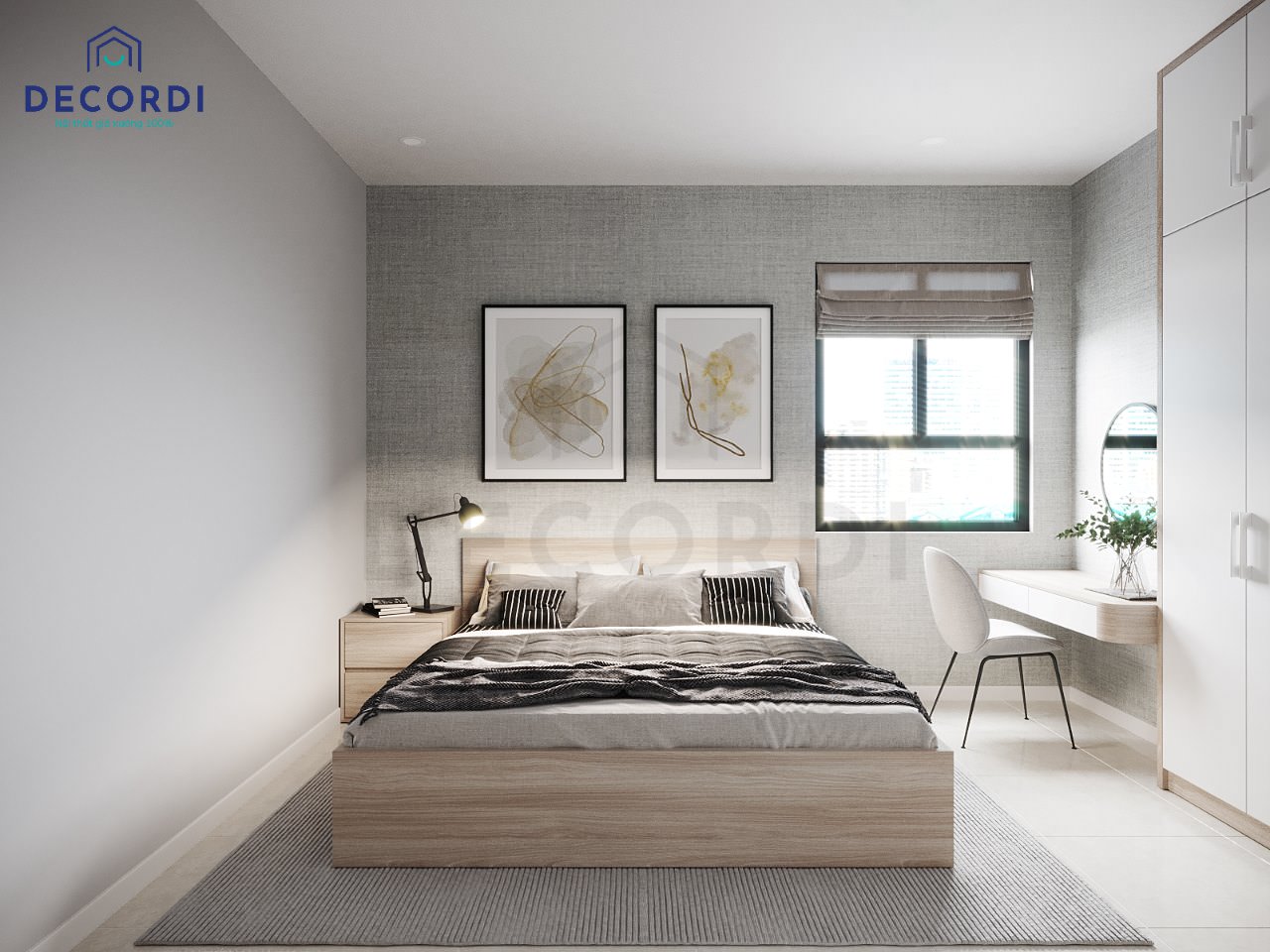 Không gian nội thất phòng ngủ đơn giản với bàn trang điểm treo tường nhỏ gọn