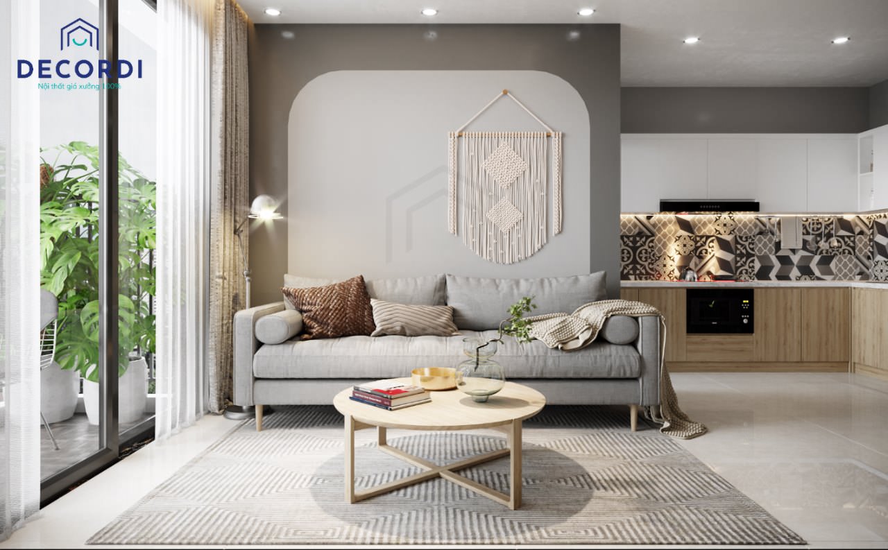 Thiết kế nội thất phòng khách chung cư hiện đại với bộ sofa màu ghi tinh tế