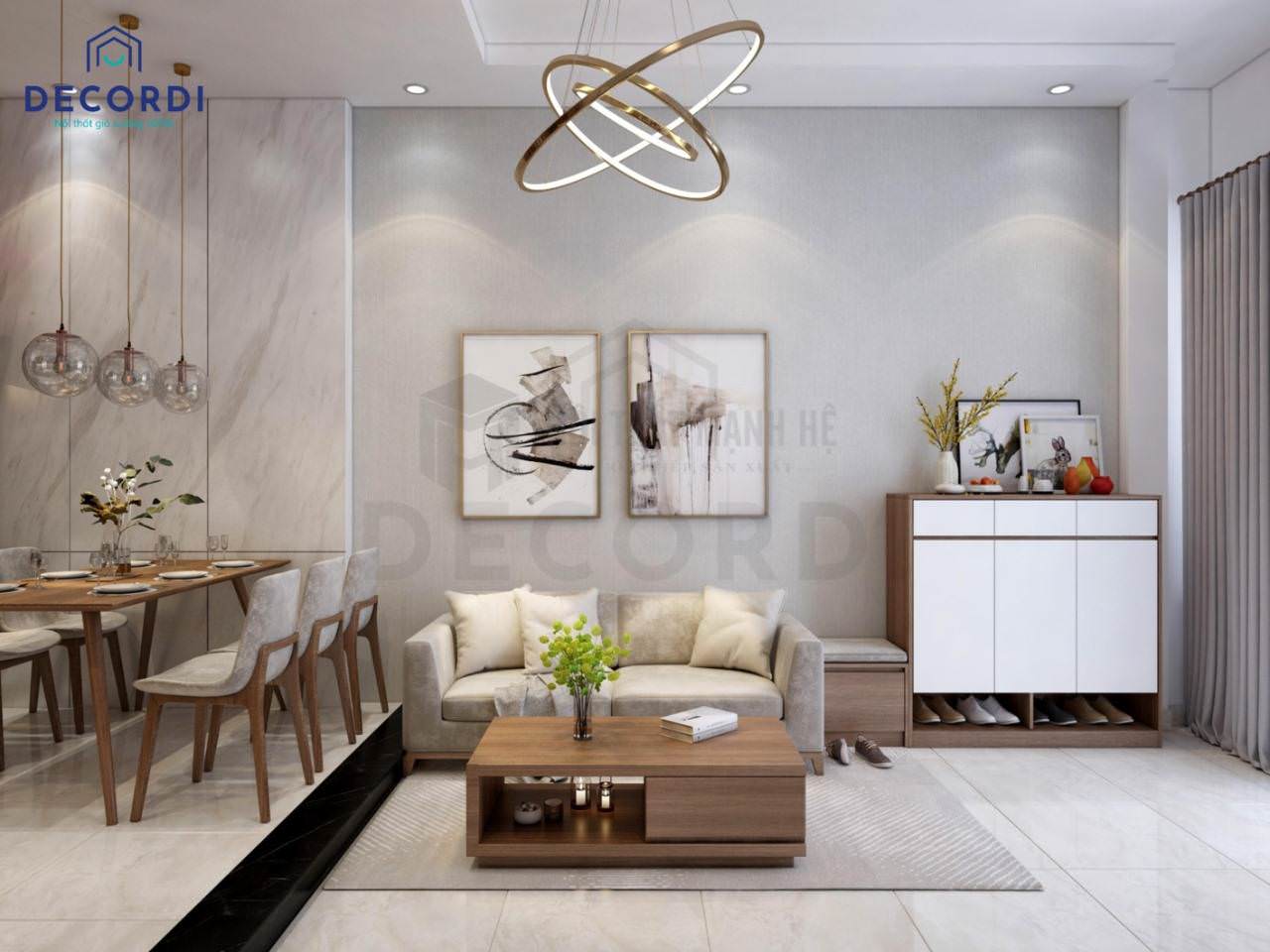 Thiết kế nội thất phòng khách chung cư hiện đại với bộ sofa màu kem tinh tế