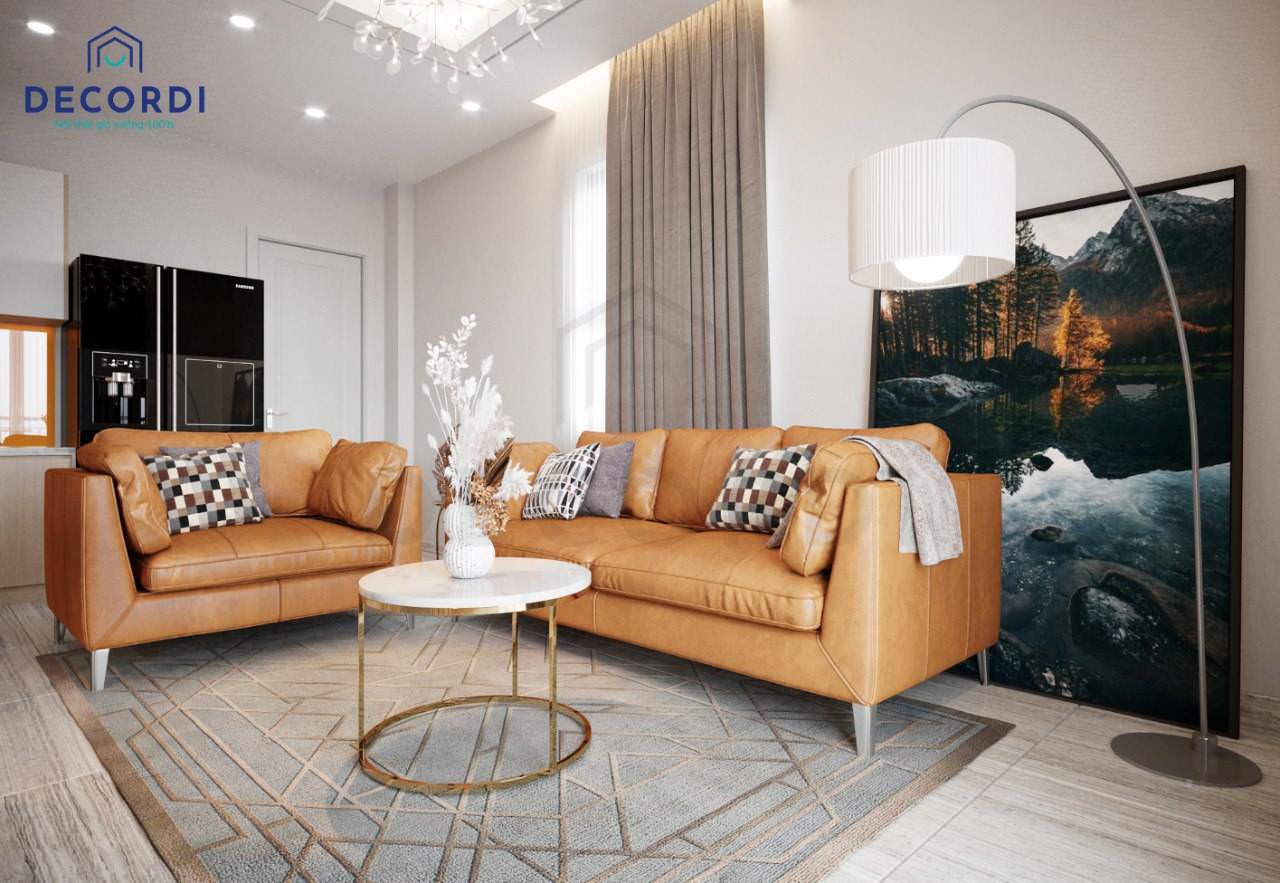 Thiết kế nội thất phòng khách nhà phố nổi bật với bộ sofa màu cam đất bọc da