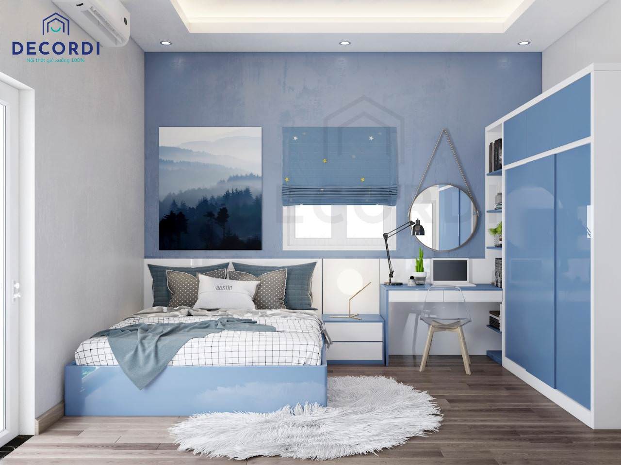 Thiết kế phòng ngủ màu xanh mát mẻ, năng động