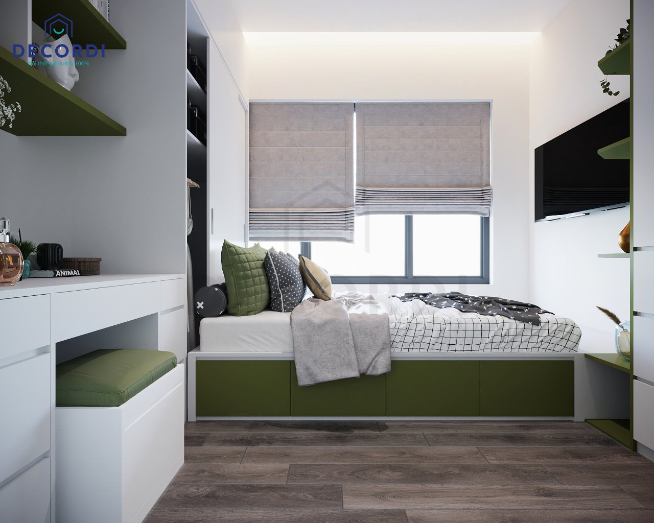 Giường ngủ gỗ dạng bục có hộc kéo tiết kiệm không gian được phối màu xanh lá đẹp mắt