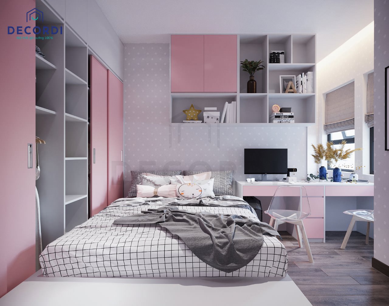 Thiết kế bộ nội thất phòng ngủ từ chất liệu gỗ ép công nghiệp sơn màu hồng dễ thương cho bé gái