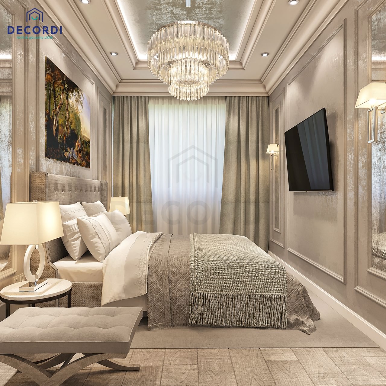 Không gian phòng ngủ mang một màu trắng ghi ấn tượng, tường phòng ngủ được thiết kế bào chỉ nổi bật bắt mắt. 