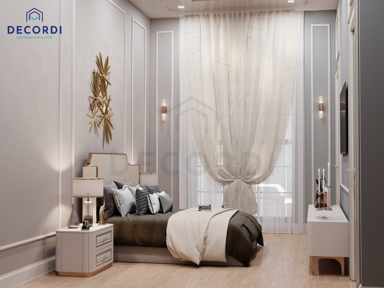 Thiết kế phòng ngủ phong cách tân cổ điển nhẹ nhàng với chiếc giường ngủ nhỏ