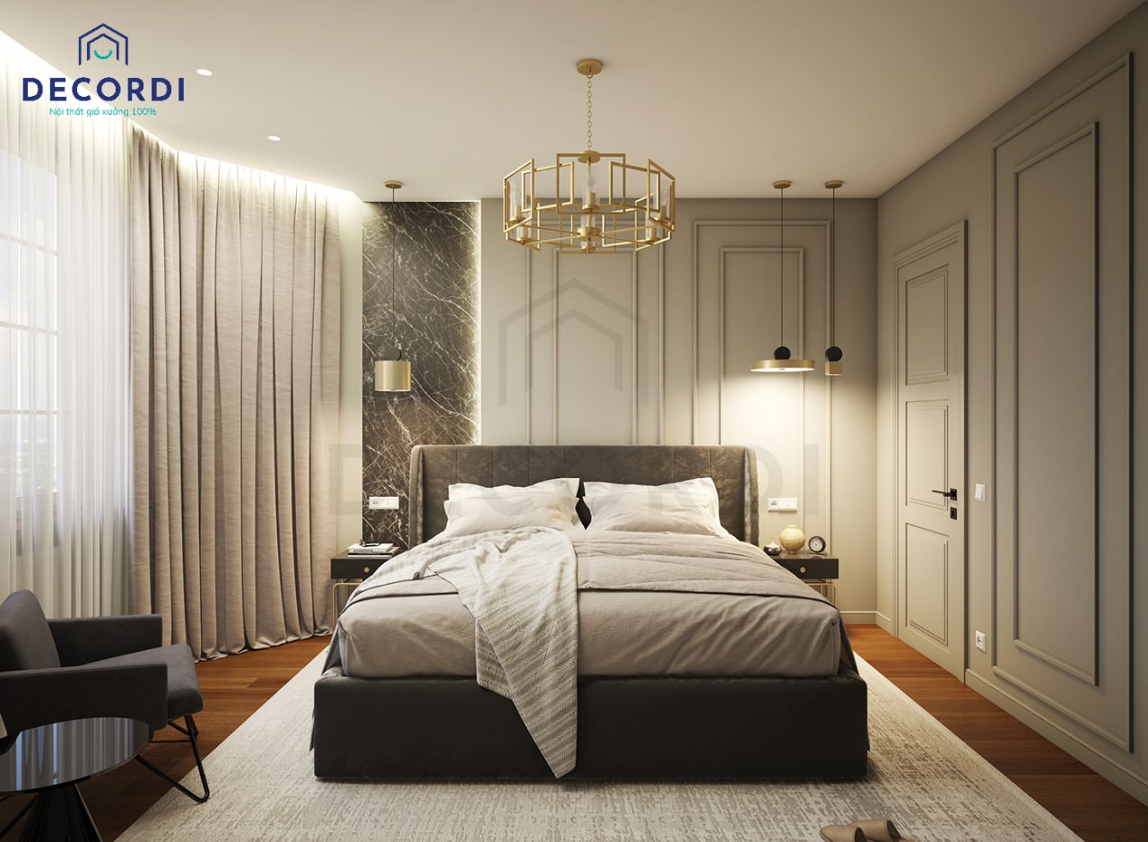 Phòng ngủ được trang trí theo phong cách tân cổ điển với điểm nhấn đến từ các đường phào chỉ chạy ở vách tường