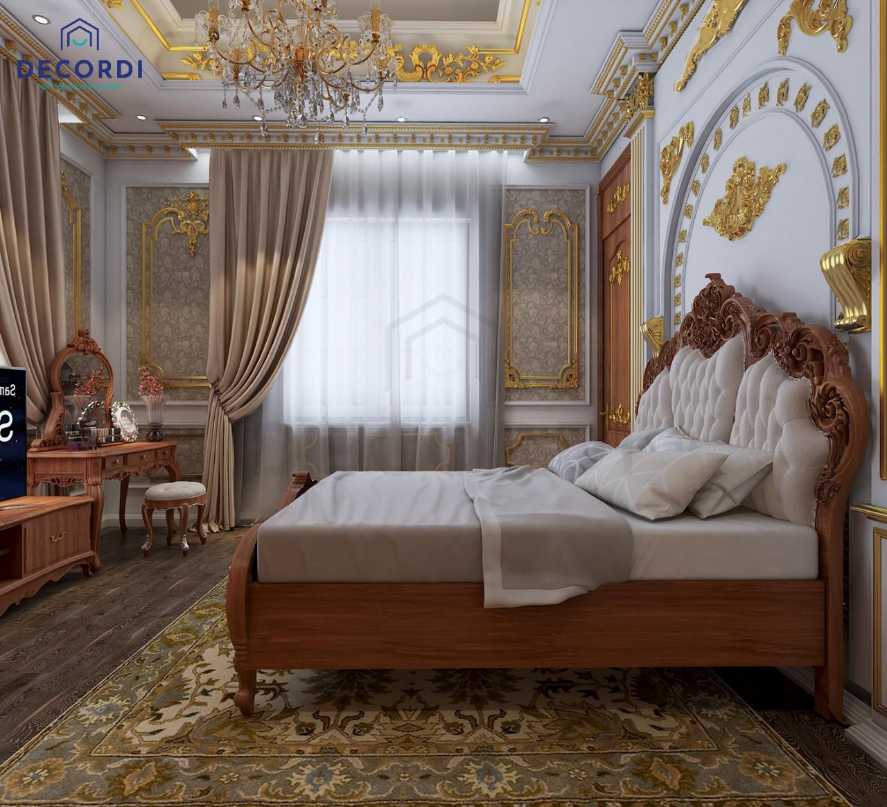 Tường phòng ngủ được làm phào chỉ nổi mạ vàng nổi bật, thảm trải sàn hoa văn mang đậm nét truyền thống