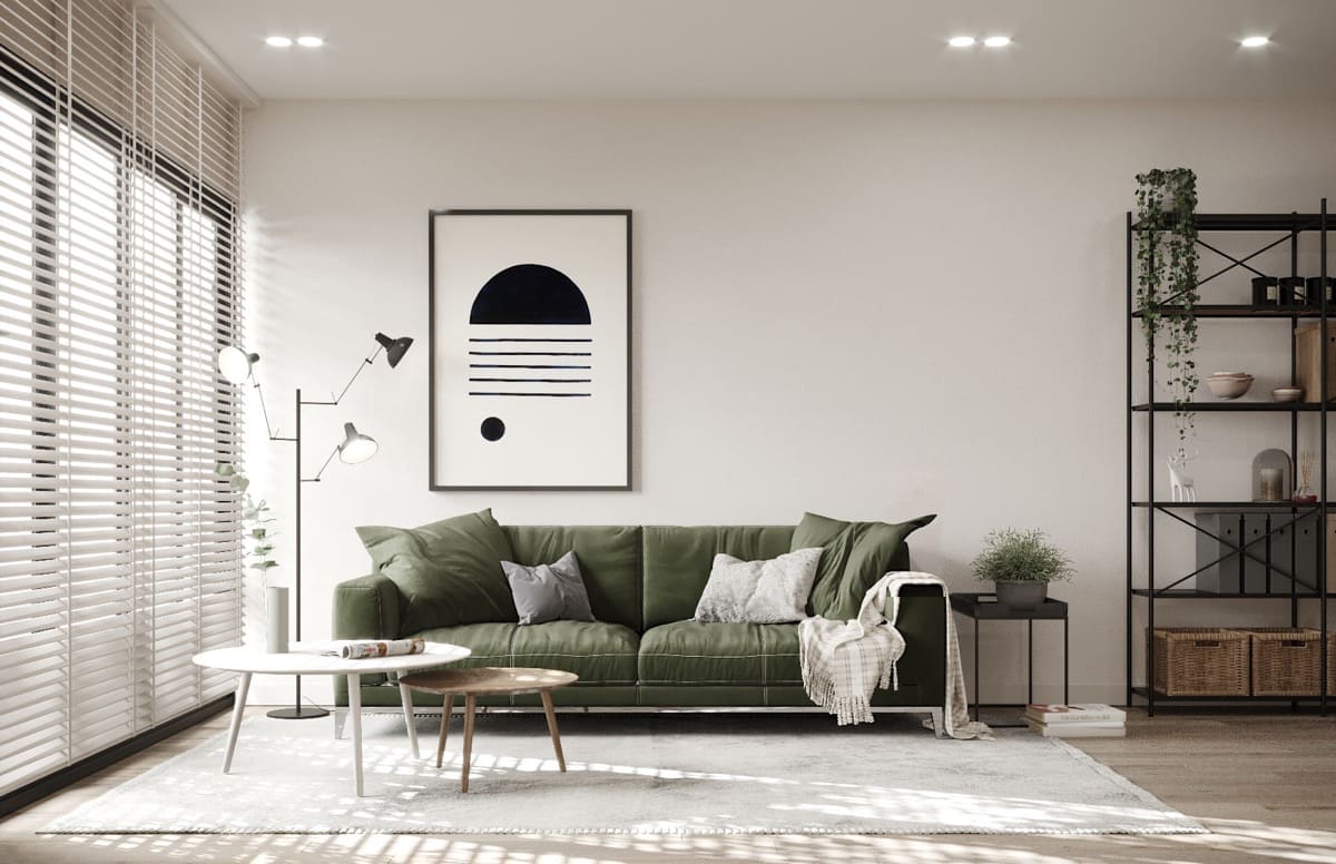 Thiết kế không gian phòng khách đẹp với gam màu xanh rêu làm điểm nhấn