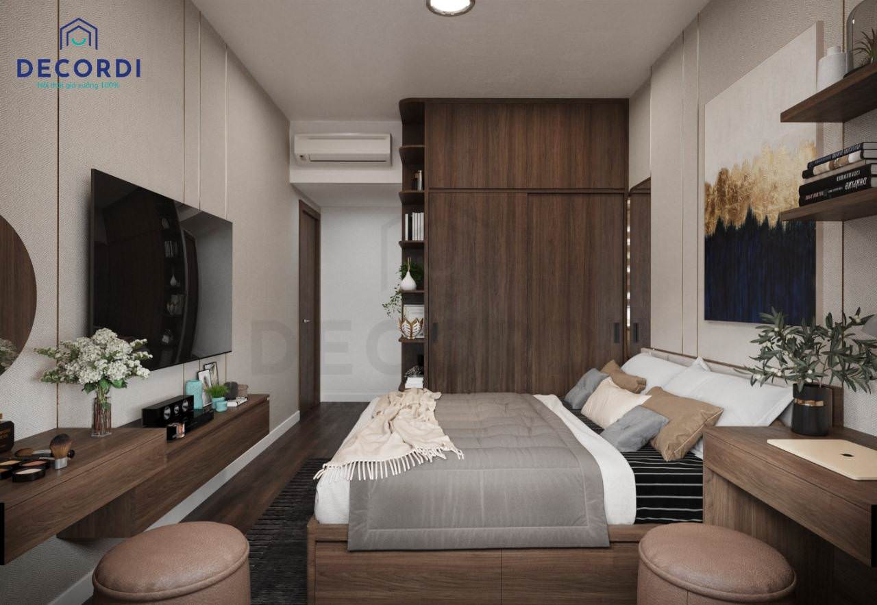 Bộ nội thất phòng ngủ tiện nghi được làm từ chất liệu gỗ công nghiệp màu óc chó sang trọng