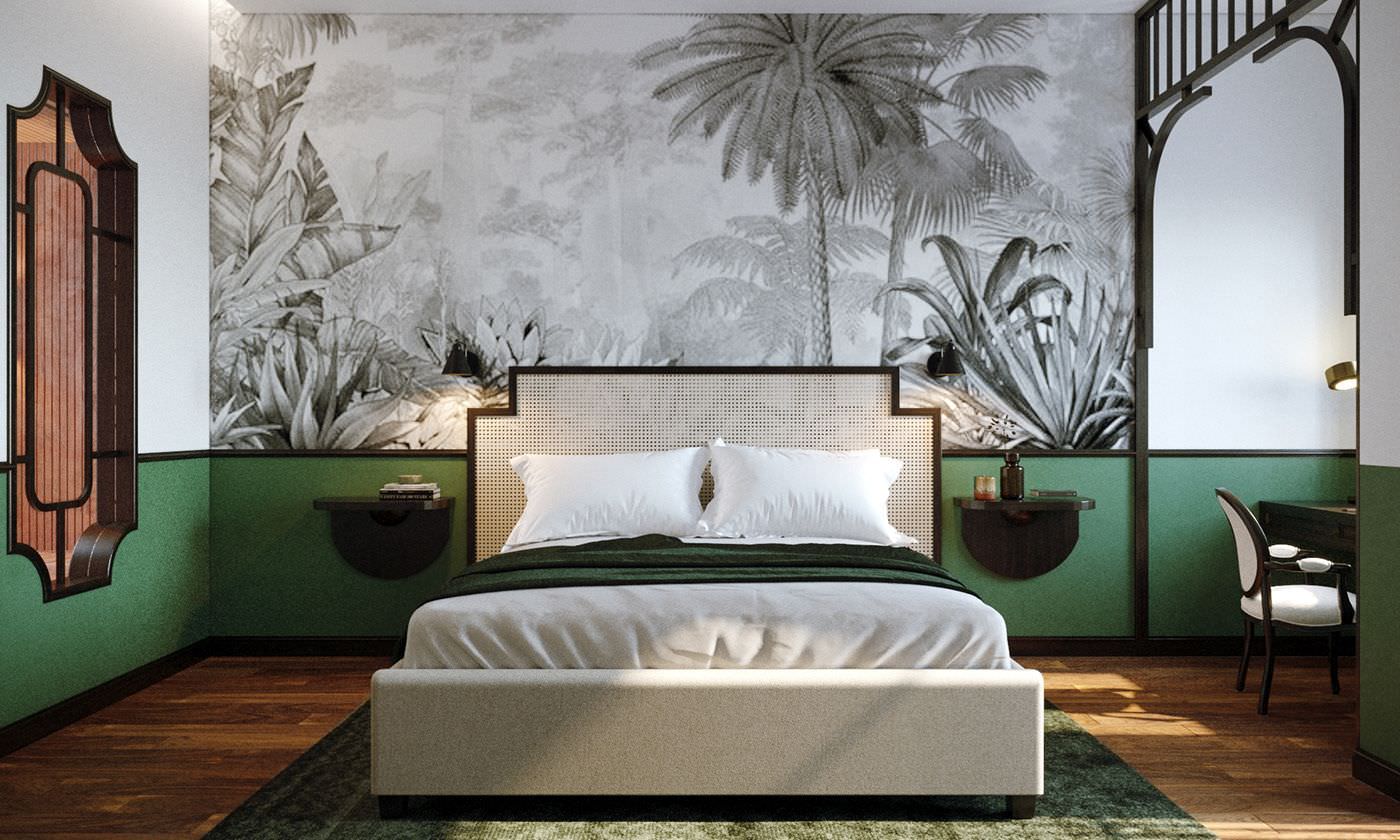 Nội thất phòng ngủ phong cách Indochine với những đường nét cách điệu tỷ mỉ và chi tiết