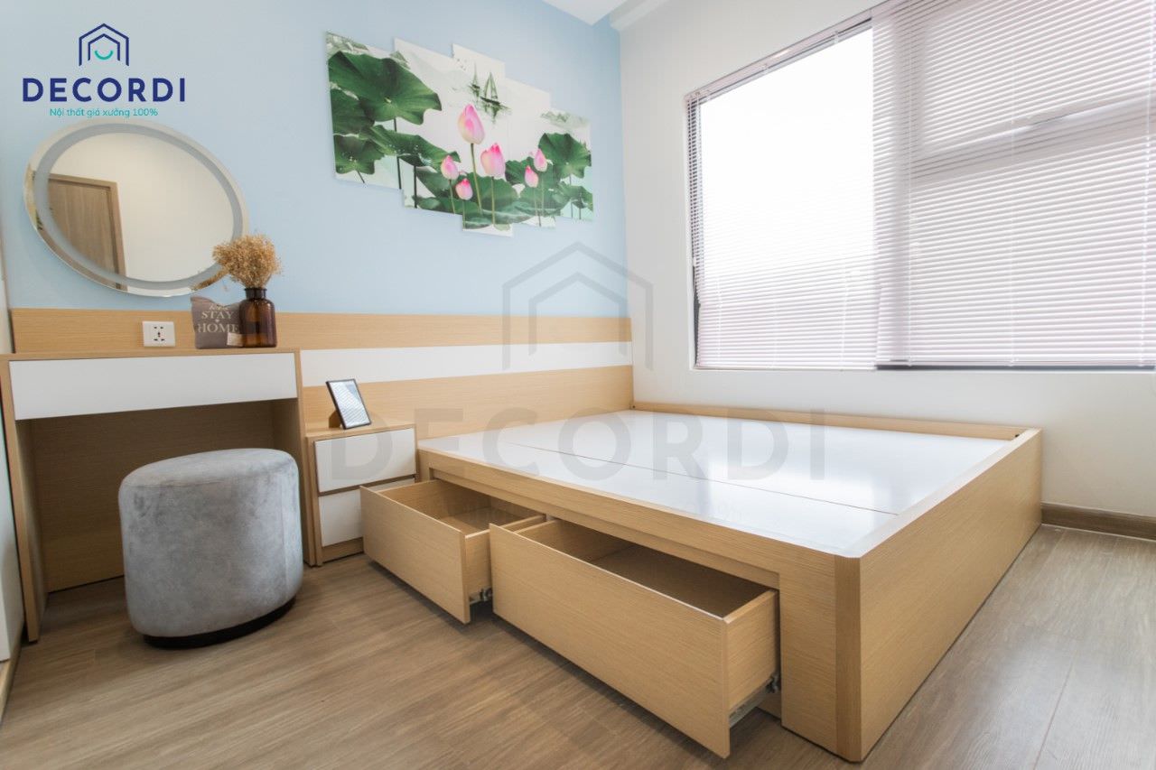 Hình ảnh thi công thực tế mẫu giường gỗ MFC cho khách hàng