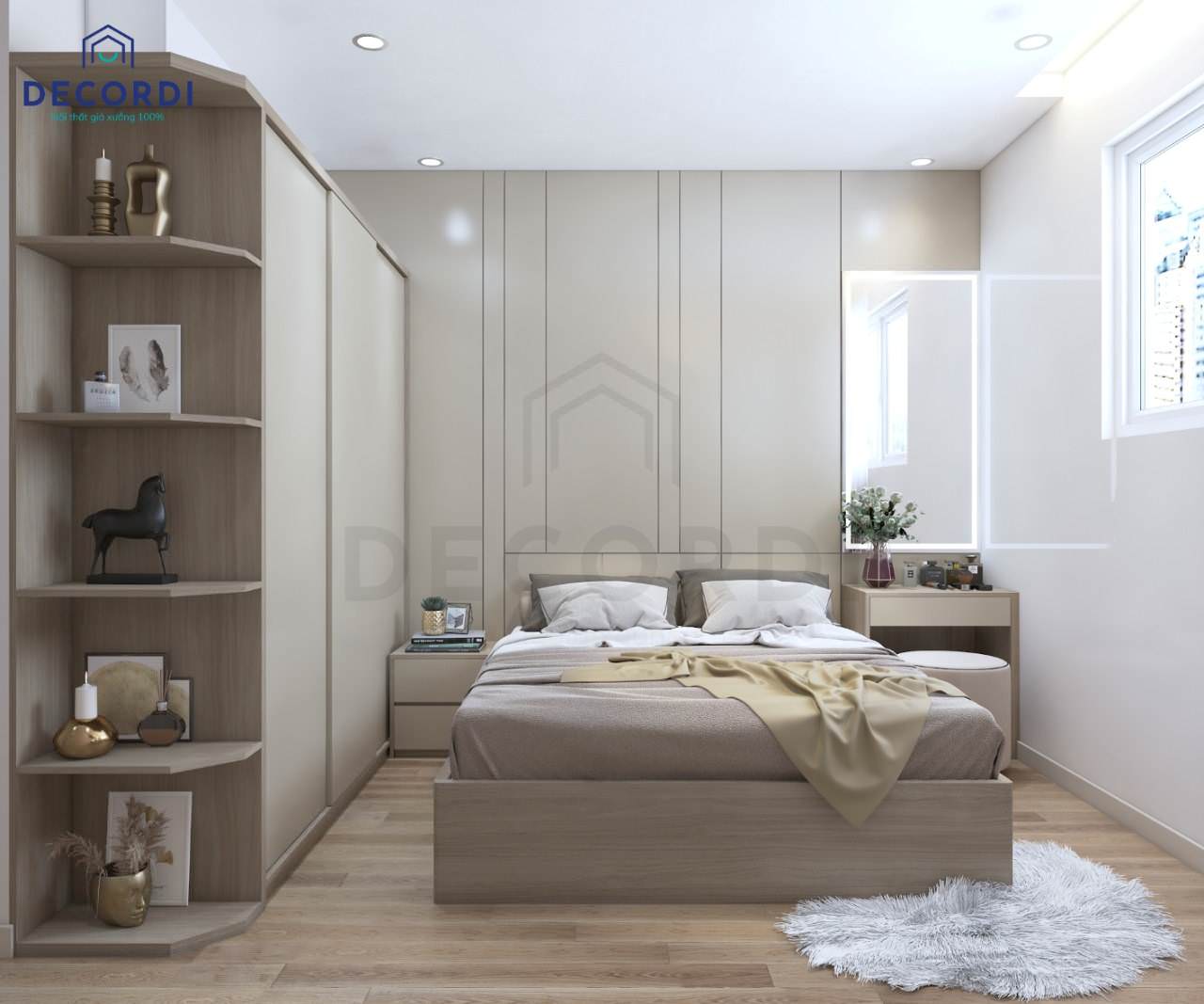 Thiết kế nội thất phòng ngủ master hiện đại với gam màu kem sang trọng