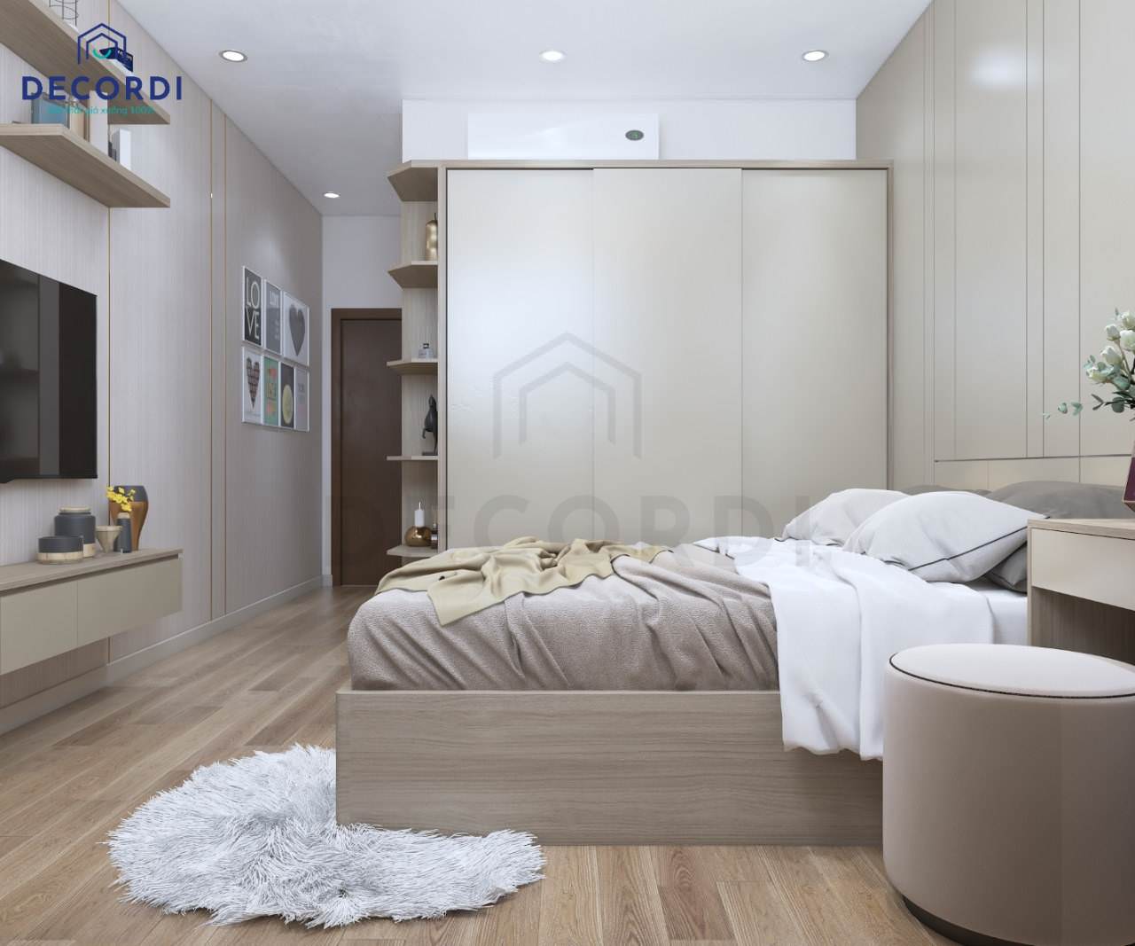 Bộ nội thất phòng ngủ chất liệu gỗ cao cấp màu sáng nới rộng không gian 