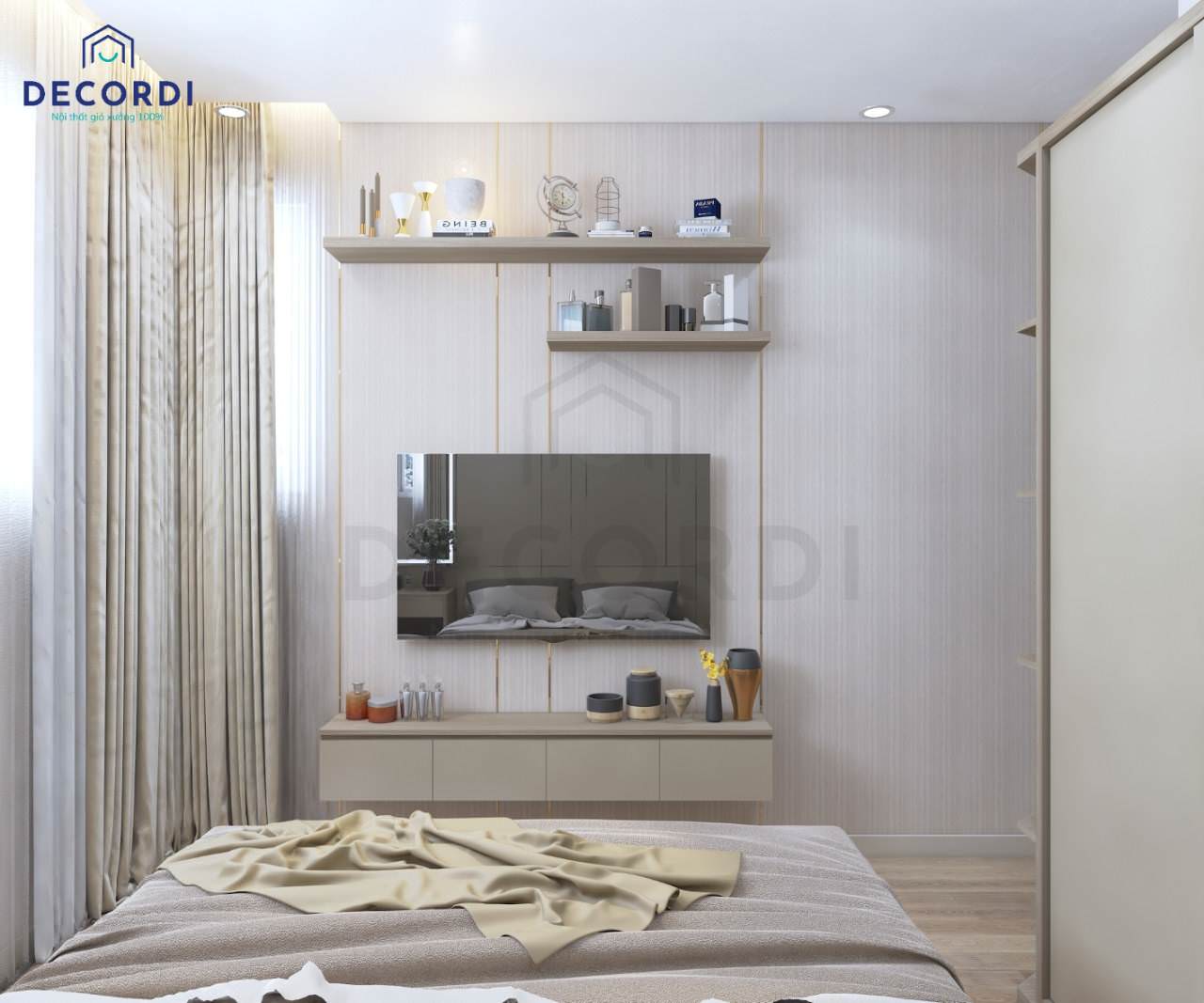 Tận dụng kệ tivi và các kệ trang trí treo tường tiết kiệm không gian cho phòng ngủ nhỏ