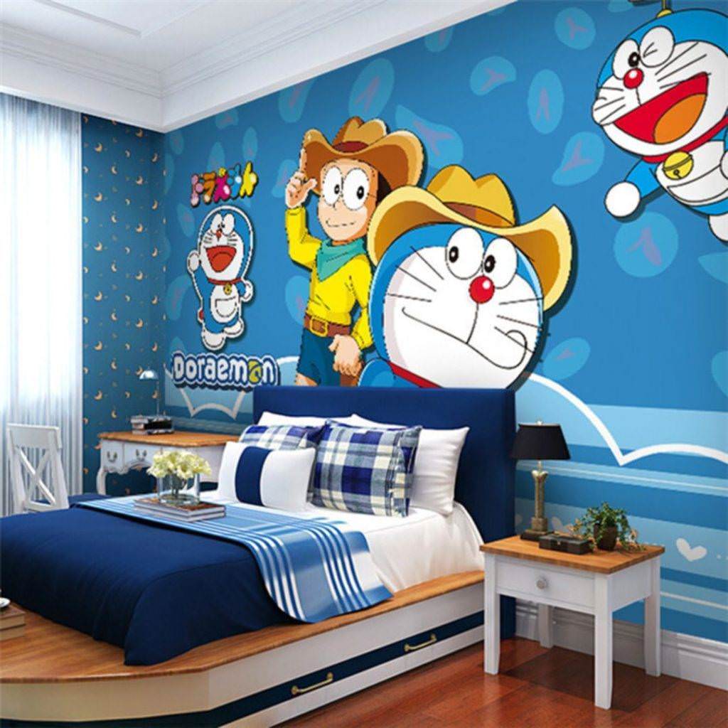 Trang trí phòng ngủ doremon màu xanh cho con trai