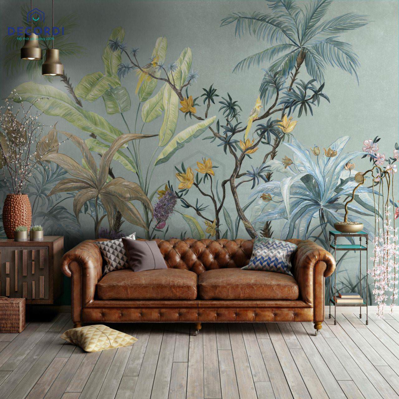 Decor phòng tiếp khách kì quái với kiểu mẫu giấy ốp tường tường hình cây nhiệt độ đới