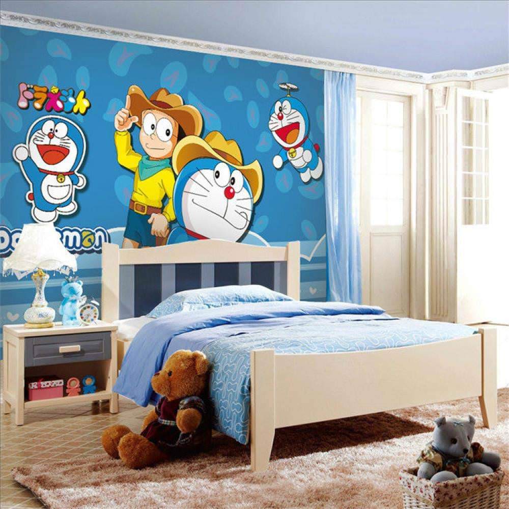 Thiết kế phòng ngủ doremon đơn giản với gam màu xanh trắng tươi sáng