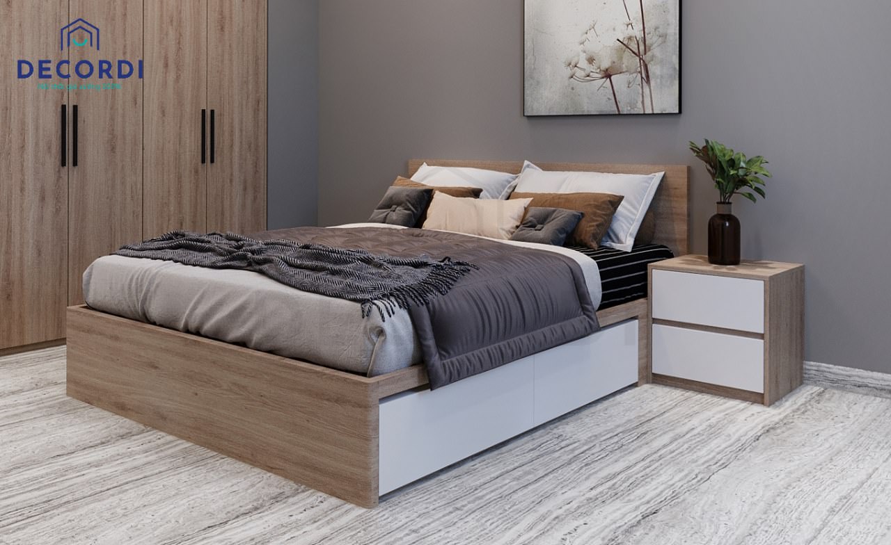 Giường ngủ gỗ công nghiệp hiện đại màu gỗ mộc kết hợp 2 ngăn kéo lớn được sơn trắng