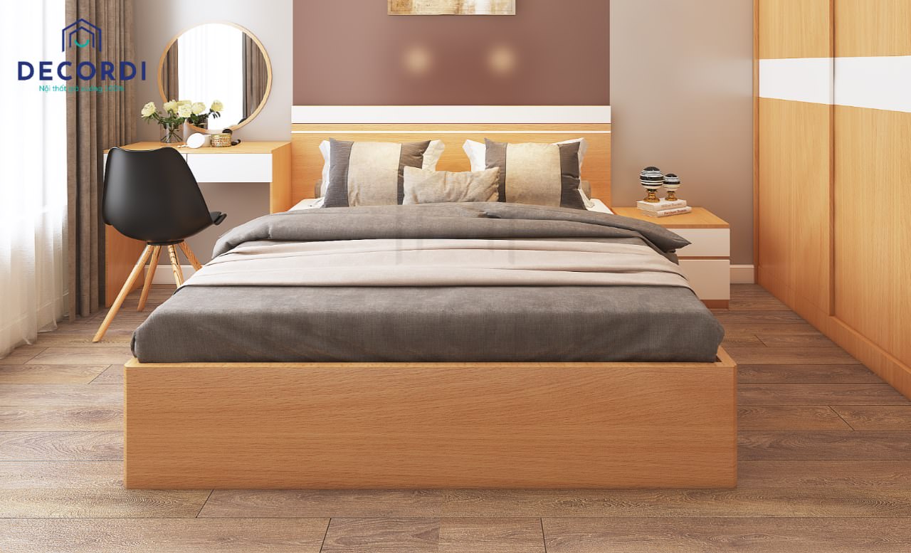 Giường ngủ gỗ công nghiệp MFC với tông màu nâu cam ấm cúng