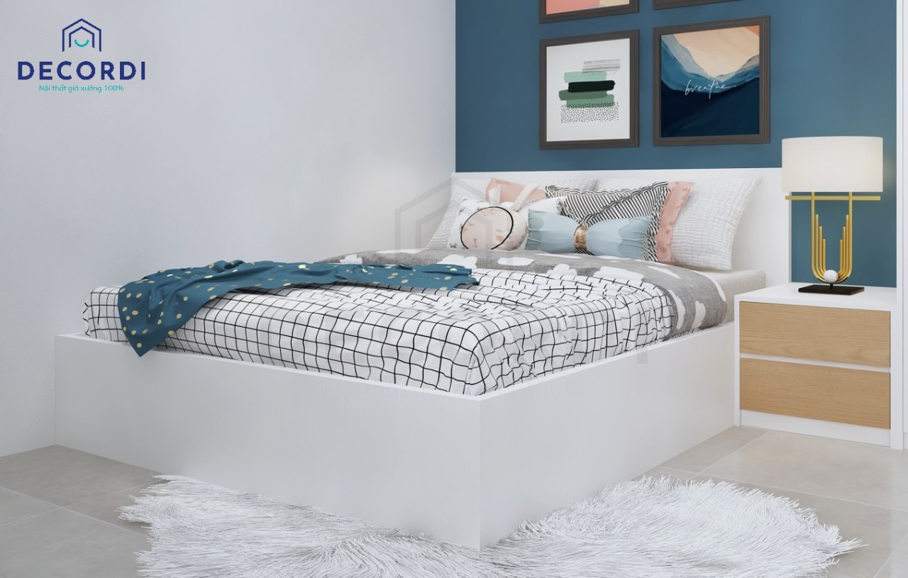 Giường ngủ gỗ công nghiệp hiện đại với tông màu trắng sạch sẽ, sáng bừng căn phòng