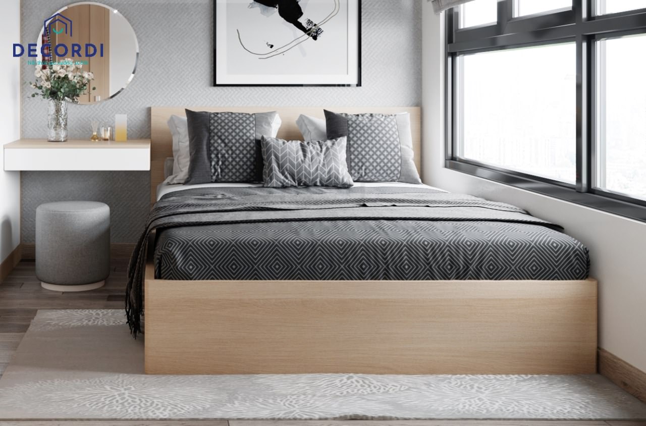 Giường ngủ gỗ công nghiệp hiện đại với màu gỗ sáng