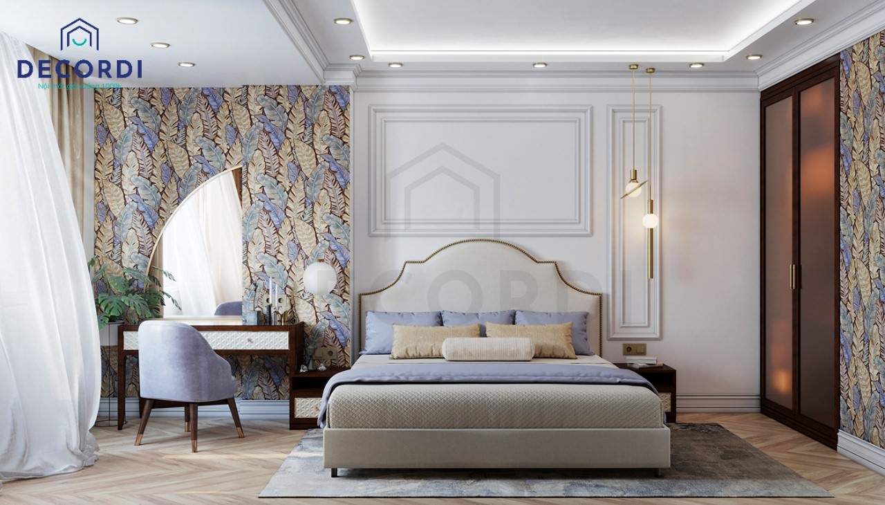 Giường ngủ gỗ có đế thấp cùng vách ốp nệm độc đáo dùng để bố trí cho phòng ngủ phong cách tân cổ điển sang trọng, tinh tế
