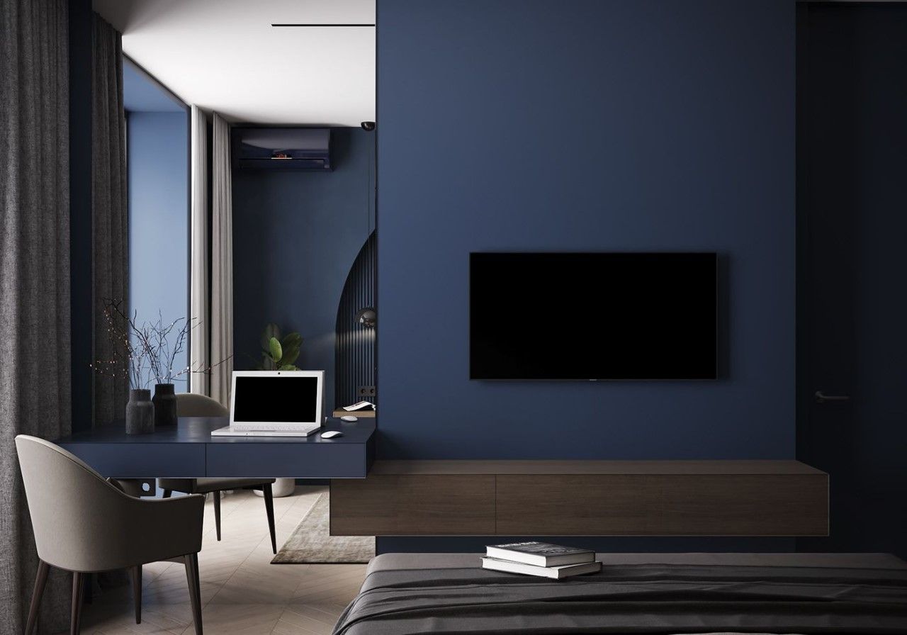 Phòng ngủ xanh dương mang đến cảm giác hiện đại, mạnh mẽ