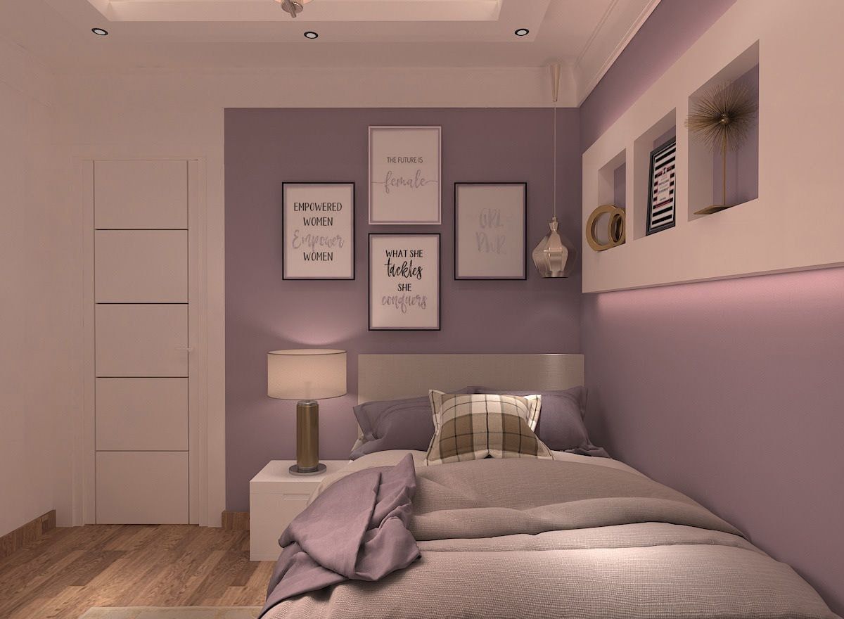 Phòng ngủ màu tím sử dụng nội thất cùng tông cũng không kém phần tinh tế 