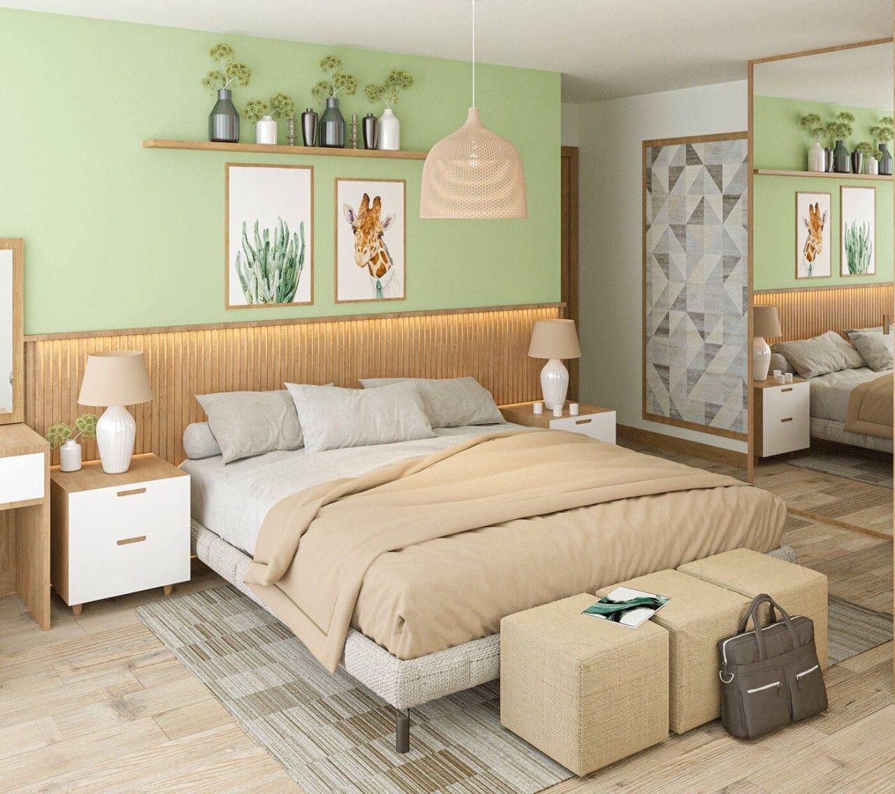 Phòng ngủ sơn xanh mint nhẹ nhàng hiện đại mang lại cảm giác thoải mái 
