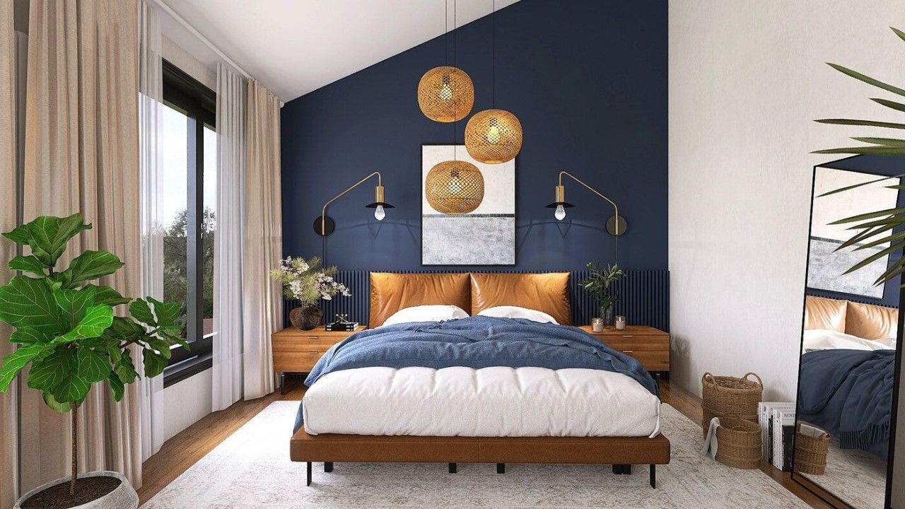 Sự kết hợp màu sơn tương phản tạo điểm nhấn cho không gian phòng ngủ.