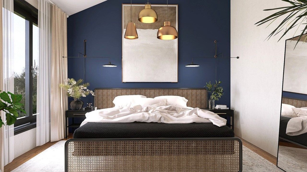 Mẫu thiết kế phòng ngủ sơn màu trắng phối xanh dương nhấn hiện đại
