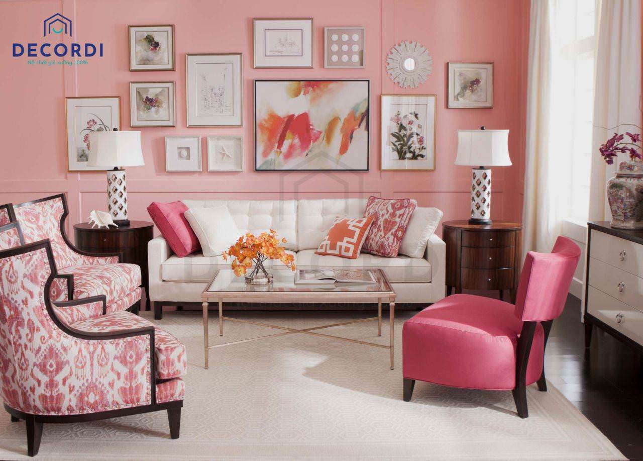 Trang trí phòng tiếp khách cho tới gia ngôi nhà mệnh hỏa bằng phương pháp dùng màu sắc đập tường và giành treo màu sắc hồng rất đẹp mắt