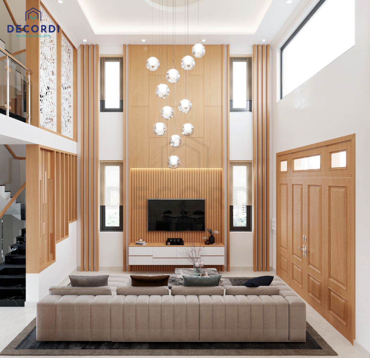 Không gian phòng khách nổi bật với bộ nội thất gỗ đẹp mắt