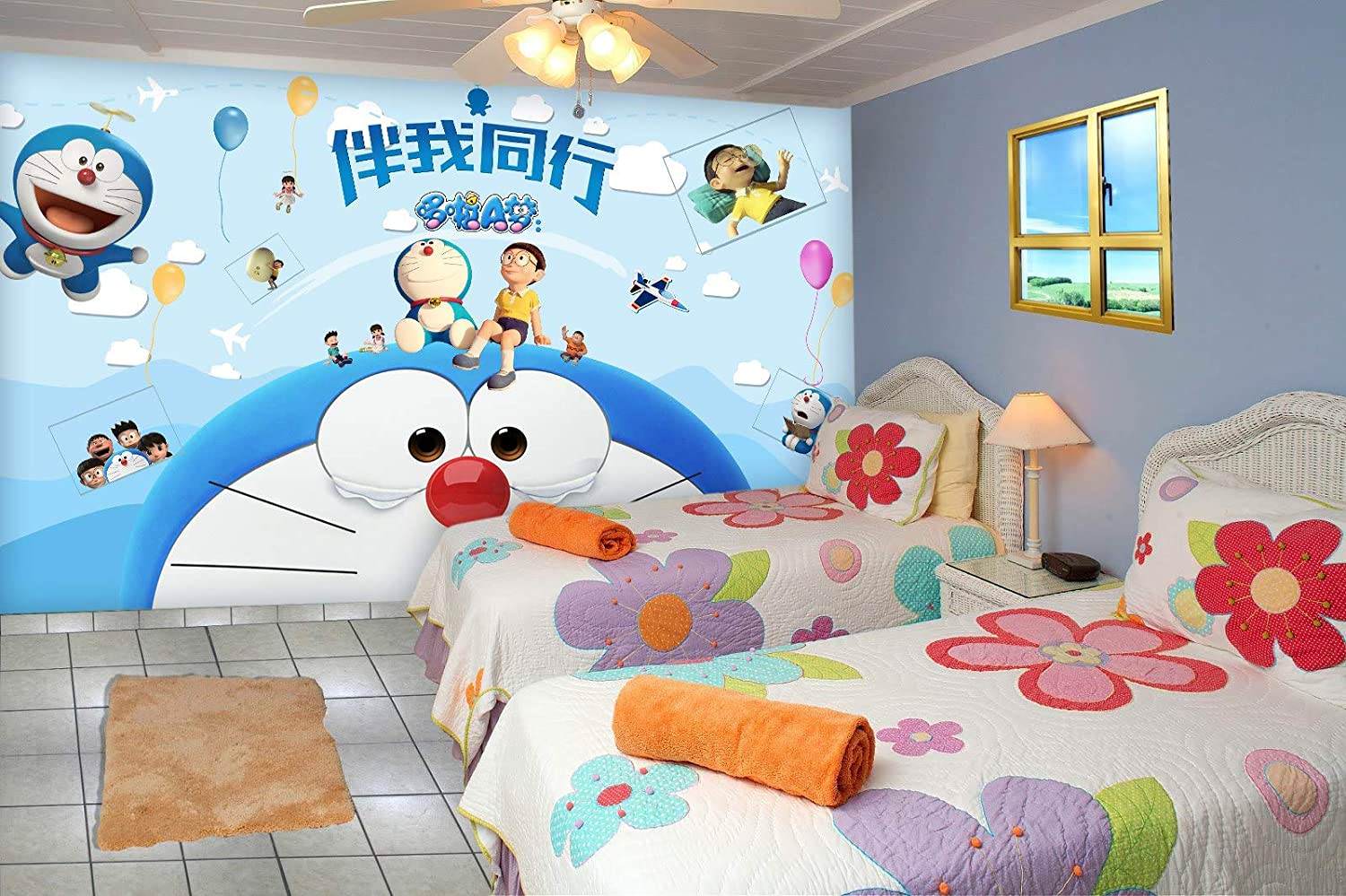 Phòng ngủ doremon đơn giản với giấy dán tường 3D