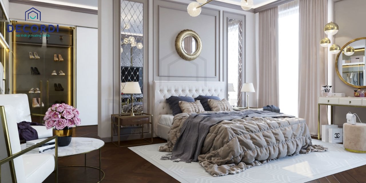 Giường ngủ phong cách tân cổ điển màu sáng trông đầy năng lượng