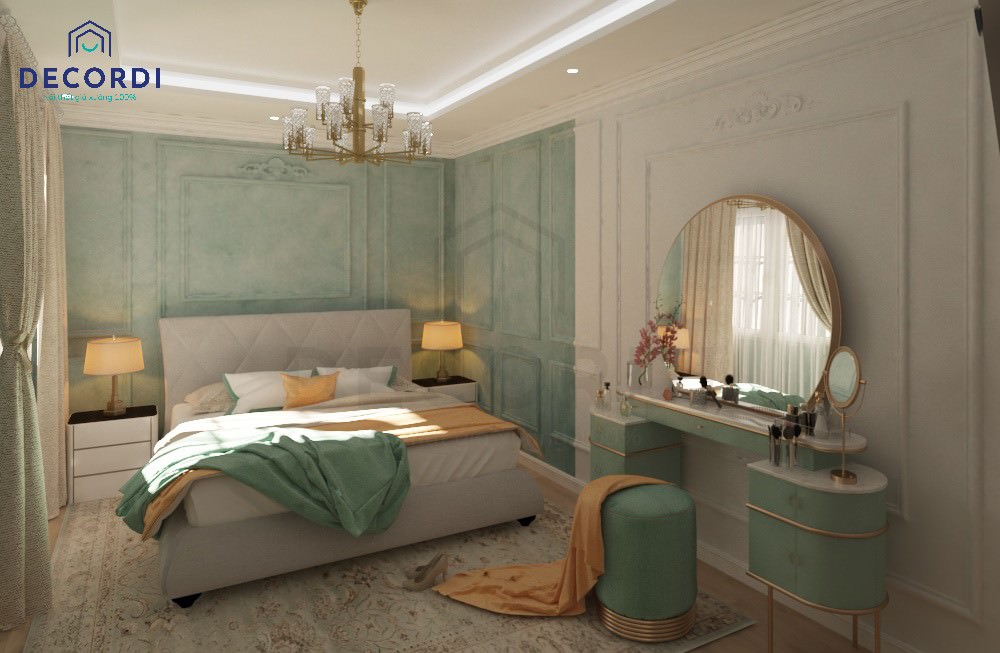 Thiết kế nội thất phòng ngủ tân cổ điển màu xanh min