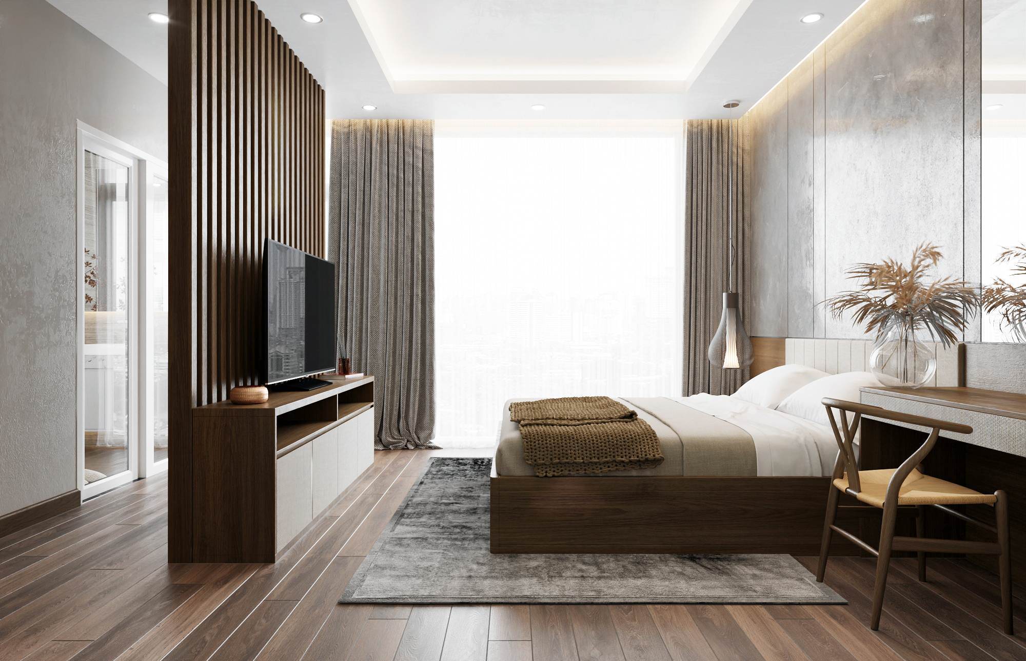 Phân chia không gian phòng ngủ và nhà vệ sinh bằng vách ốp lam gỗ kết hợp kệ tivi