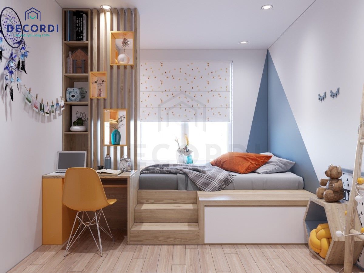 Bố trí không gian học tập riêng cho bé với cách đặt bàn phòng ngủ đối diện vách ngăn giường