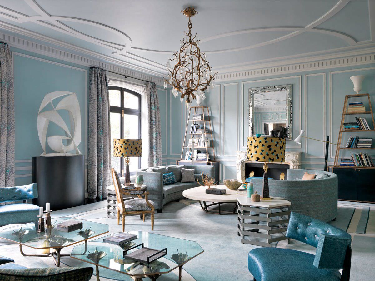 Phòng khách tân cổ điển Bắc Âu với gam màu xanh ngọc và trắng trang nhã