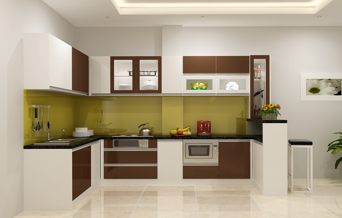 Thiết kế phòng bếp hiện đại với bộ tủ bếp màu đỏ đô phối trắng kết hợp cùng kính bếp màu vàng chanh ấn tượng