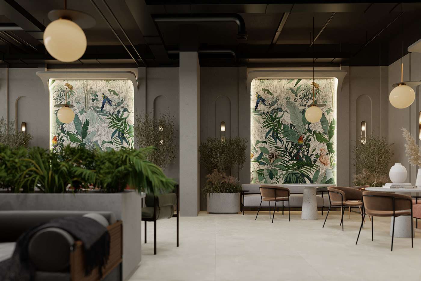 Mẫu 2: Không gian quán cà phê phong cách Tropical hiện đại 