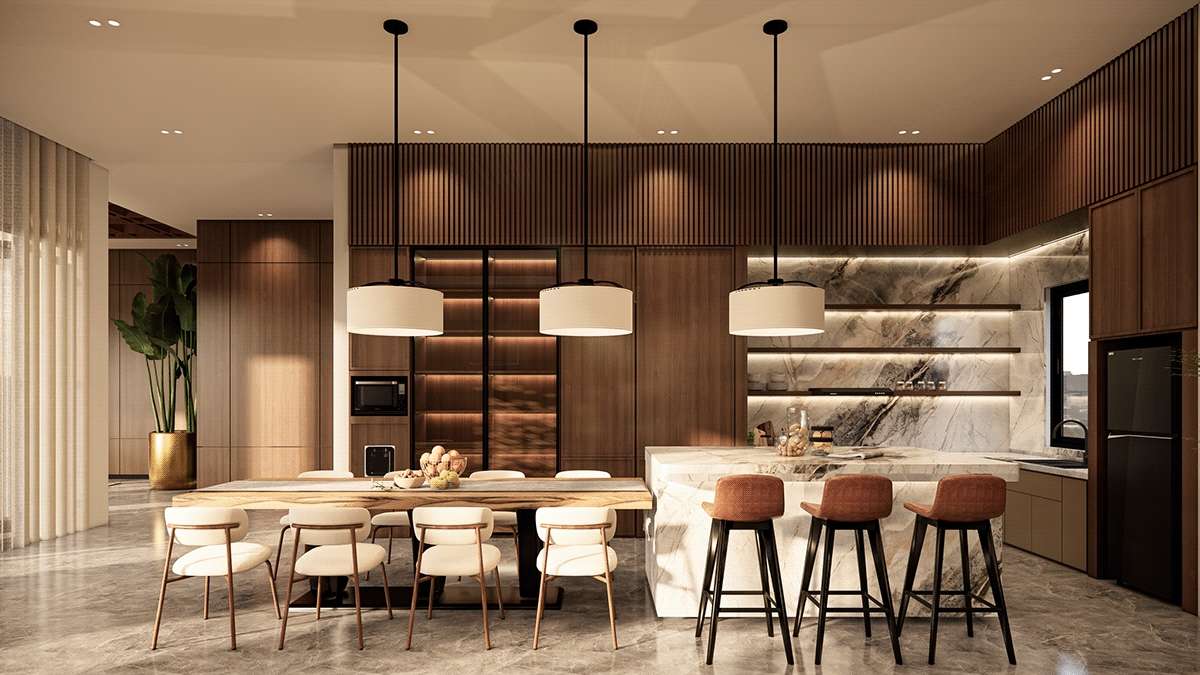 Thiết kế nội thất phòng bếp phong cách tropical hiện đại sang trọng khi được kết hợp với đá tự nhiên 